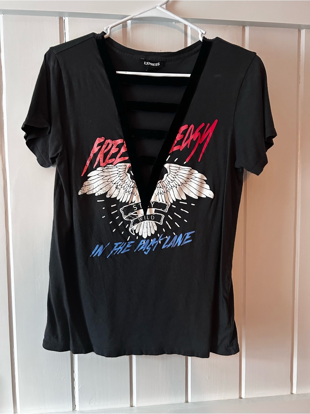 Express | Black 'Free Easy' Graphic Short Sleeve Tee with Velvet V-Notch